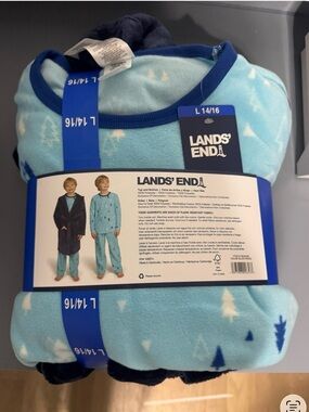 Lands' End Light Blue Pine Tree Fleece Pajama Set